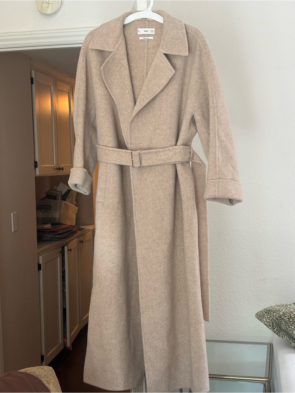 Mango MNG Beige Handmade Wool-Blend Long Belted Coat oversized S - Picture 1 of 15